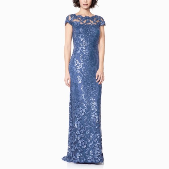 Tadashi Shoji Blue Embroidered Lace Cap Sleeve Gown - Picture 6 of 7